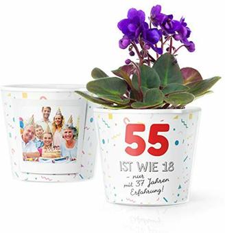 Facepot 55.Geburtstag Geschenk - Blumentopf (ø16cm) | Geschenke & Deko für die 55 Jahre Geburtsagsfeier mit Bilderrahmen für Zwei Fotos (10x15cm) | 55 ist wie 18 - nur mit 37 Jahren Erfahrung