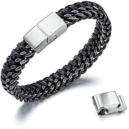 FANCIME Herren Echtleder und Edelstahl Armband Einstellbar Schwarz Armband mit Magnetverschluss Schmuck Geschenk für Herren Junge - Länge 22CM