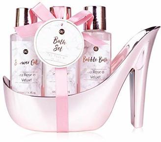 accentra, MARBLE Badeset Geschenkset in wunderschönem rosanem Pumps 4teiliges Badeset Beautyset Pflegeset Duschset – für ein entspanntes SPAErlebnis, Rosé