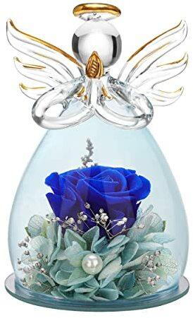 ANLUNOB Forever Rose in Engelsfigur aus Glas in Glaskuppel - ewige dunkelblau Rose Blume handgemacht - Geschenk für Frauen Freundin Mutter zu Muttertag Valentinstag Geburtstag (10.5,6.5cmx7,5cm)