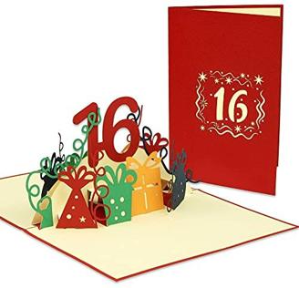 LINPOPUP®, LIN17632, POP - Up 3D Karten 16 Geburtstag, POP UP Karten Geburtstag, Pop Up Geburtstagskarte, Geburtstagskarte 16 Jahre Jubiläum, Grußkarten 16. Geburtstag, N365 (Zahl.16)