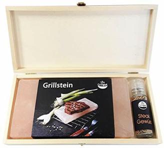 GRILLGUT* Salzstein mit Taschenmühle *Steakgewürz* in Geschenk-Holzbox zum Grillen – Hochwertiger BBQ Salz Grillstein für einen besonderen Geschmack