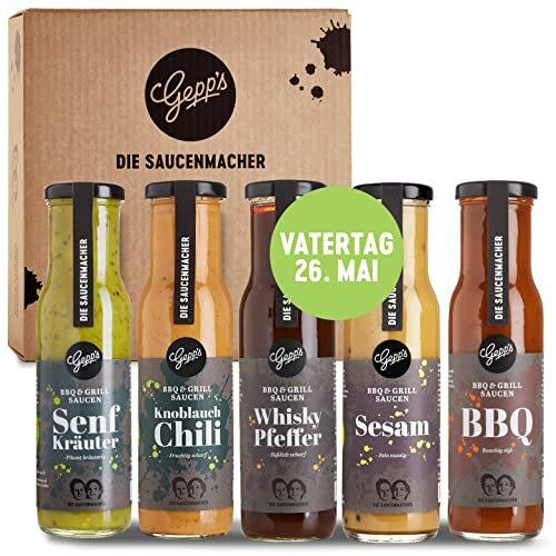 Gepp’s Feinkost Bestseller Saucen Set I Probierset zum Vatertag mit Grill- und BBQ Saucen, hergestellt nach eigener Rezeptur I Vatertagsgeschenk zum Genießen mit Grill- & BBQ Saucen I 5 x 250 ml