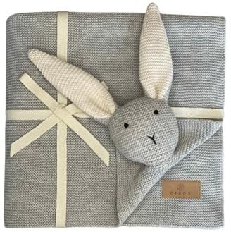 DIKOS® Original Babydecke SCHMUSE-HASE grau | 100% Bio-Baumwolle Neugeborenen Decke | Kuscheldecke Strick Mädchen/Junge | Schmusedecke Kinderwagen Decke | Baby Geschenk Junge Erstausstattung Geburt