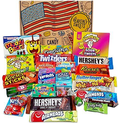 Heavenly Sweets Geschenkbox Amerikanische Süßigkeiten & Schokolade - Klassische USA-Marken-Box voller Leckereien - Geschenk für Geburtstag, Weihnachten, Halloween - 26 Snacks, 30x20x5cm