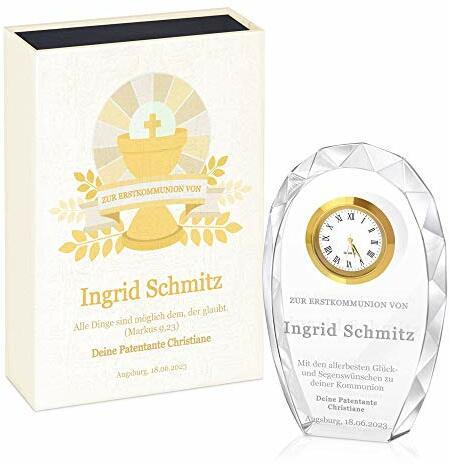 Maverton Glas-Statuette mit Uhr - Statuette mit Gravur - in personalisierter Box - Kristall Statuette - Uhr mit 3D-Gravur - Taufe Kommunion Konfirmation - religiös - für Patenkind - Hostie