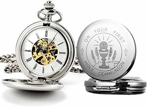 Taschenuhr - ManChDa Gravierte Jungen erste Kommunion Taschenuhr Geschenk mit Präsentationsbox, mechanische Taschenuhren mit Kette für Männer, Erstkommunion-Geschenke