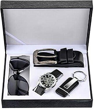 Souarts Herren Geschenkset mit Armbanduhr Männer Geldbörse Gürtel Sonnenbrillen Auto Schlüsselanhänger Geschenk Set für Herren (Black)