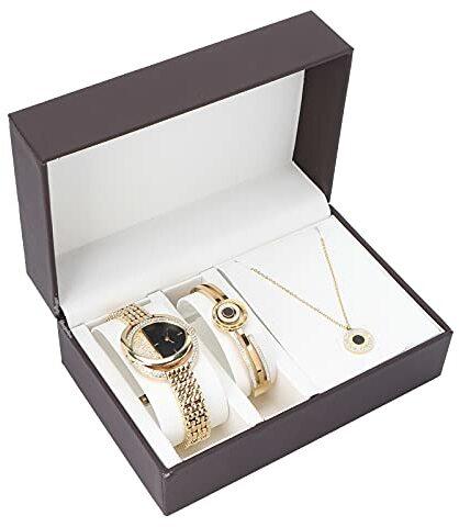 YUYTE Damen Armbanduhr Armband Schmuck Set, Damen Schmuckset Uhrenarmband Halskette, Rose Gold und Gold für Frauen Mädchen Strass Quarzuhr für Weihnachten Bracelet Jewelry Set(Gold)