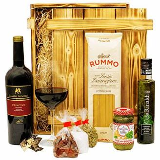 Geschenkset Verona | Italien Geschenkkorb gefüllt mit Wein, italienischen Spezialitäten & Holzkiste | Feinkost Präsentkorb mit Rotwein und Delikatessen für Männer & Frauen