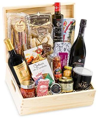 Schatzkiste Schlemmerbox - Delikatessen Geschenkset Feinkost in Holzkiste, Geschenkkorb italienisch mit Rotwein Prosecco Olivenöl Nudeln Prosciutto