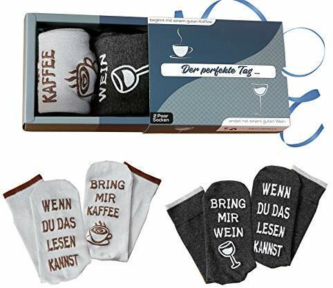 Wein-Socken + Kaffee-Socken Doppelpack Geburtstagsgeschenk für Männer und Frauen, WENN DU DAS LESEN KANNST, BRING MIR WEIN, Grau, 36-43