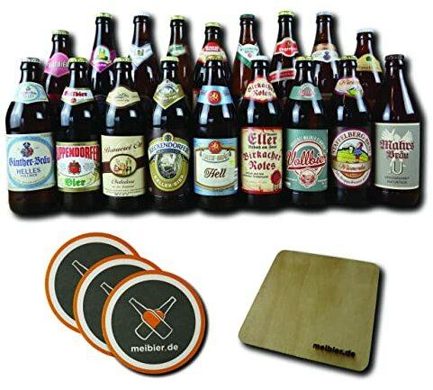 meibier© Best of Franken - Bier Box aus Franken,18x 0,5 Liter fränkisches Bier + Holz Untersetzer + 3x Bierfilz, tolles Bier Geschenk, Bierbox, Bierpaket