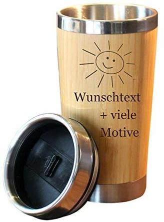 Kaffeebecher mit Namen + Motiv Gravur in Holz Optik, Isolierbecher groß 0,4 L für Coffee to go, Kaffee Edelstahlbecher mit Deckel zum Mitnehmen, personalisiertes Geschenk