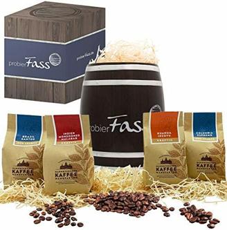 Kaffee Geschenk Entdeckungsreise 4 verschiedener Anbauländer 4 x 80g ganze Bohne in einem originellen Fass