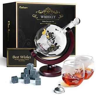 Whiskeyglas, kugelförmige Whisky-Karaffe Globus Segelschiff 930 ml mit Eisstein, 2 Whiskygläser, Geschenke für Männer, Vatertagsgeschenk,jahrestag geschenk für ihn