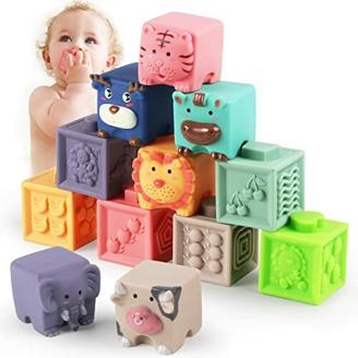 12 Stück Baby Bausteine Spielzeug Stapelwürfel Bauen Motorikspielzeug Baby Beißring, Lehrreich Lernspielzeug mit Zahlen Tiere Formen Texturen für Baby ab 6 9 12 Monate