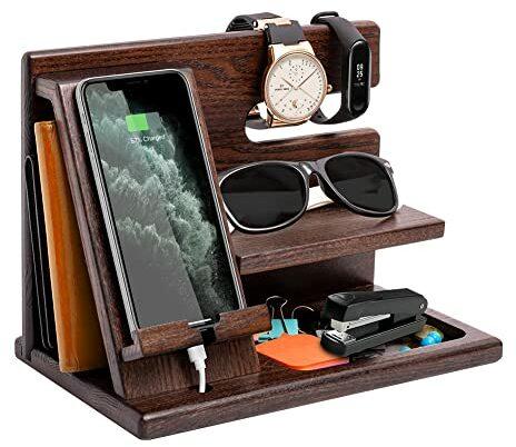 AliveByte Geschenke für Männer Holz Telefon Dockingstation Uhren Schlüssel Geldbörsenständer Männer Nachttisch Organizer Jahrestag Weihnachten Geburtstag Geschenk Ehemann Männer Papa Opa