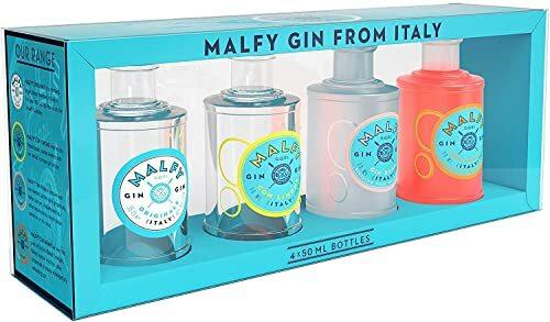 Malfy Gin Mini Tasting Set, Italian Gin Probierset mit Originale, Rosa, con Arancia & con Limone, Geschenk-Box mit vier Miniatur-Flaschen, 4 x 50ml