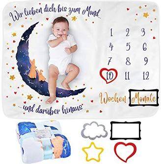 ODOXIA Baby Meilenstein Decke auf Deutsch | Monatsdecke Baby Junge & Mädchen, Unisex | Personalisiertes Baby Party-Geschenk | Motiv Mond & Sterne | Weich | Babydecke | Baby Monats-Decke Mit Rahmen