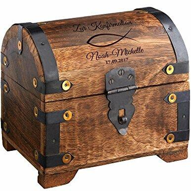 Casa Vivente Große Schatztruhe mit Gravur zur Konfirmation, Motiv Fisch, Personalisiert mit Namen und Datum, Dunkles Holz, Verpackung für Geldgeschenke, Geschenkideen für Konfirmanden