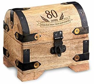 Casa Vivente Kleine Schatztruhe zum 80. Geburtstag, Schmuckkästchen mit Gravur, Aufbewahrungsbox aus hellem Holz, Verpackung für Geldgeschenke