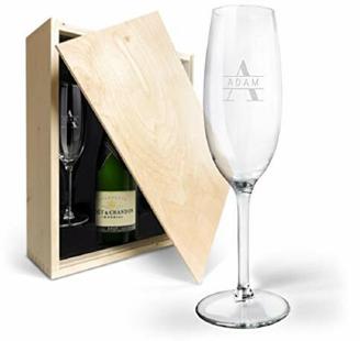 Moët Champagner Geschenk - Moët & Chandon Brut Champagner Geschenk mit edler Holzkiste, Flasche Moët & Chandon 750 ml & 2 personalisierten Sektgläsern.