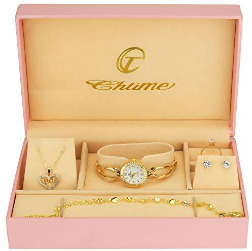 Geschenkset Damen Armbanduhr weiß- Schmuck Set- Halskette-Ring- Ohrringe - Armband