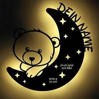 LED Nachtlicht Bär auf Mond mit Name personalisiert I Besondere Taufgeschenke Geschenke zur Geburt und Taufe für Mädchen Junge Jungs