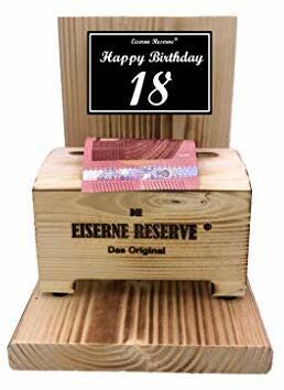 Geschenk 18 Geburtstag Mann und Frau - Eiserne Reserve Geldbox Geldgeschenk - Die lustige Geldgeschenke Verpackung - Geburtstagsgeschenk aus Holz Text s/w Happy Birthday 18 Geburtstag