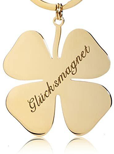 Lanfren Schlüsselanhänger Glücksbringer Vierblättriges Kleeblatt aus Premium Edelstahl (Gold)