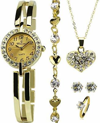 Bellos Geschenkset Damen Armbanduhr- - Schmuck Set- Halskette-Ring- Ohrringe