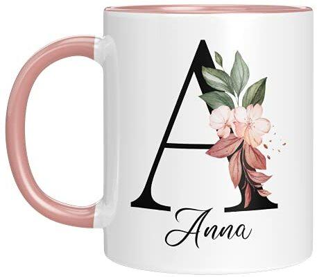Personalisierte Tasse - "Namens-Tasse mit Blumen Motiv" - mit Ihrem Anfangsbuchstaben und Namen - personalisiert - Geburtstag - Kaffeetasse - beidseitig bedruckt - Geschenke für Frauen (Rosa)
