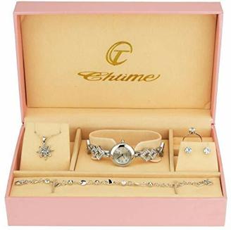 Geschenkset Damen Armbanduhr Silber- Schmuck Set- Halskette-Ring- Ohrringe - Armband