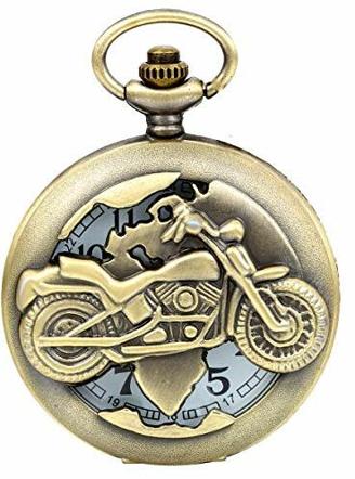 JewelryWe Vintage Bronze Motorrad Taschenuhr Herren Analog Quarz Uhr mit Halskette Kette Umhängeuhr Pocket Watch Vatertagsgeschenk