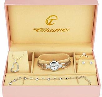 Geschenkset Damen Armbanduhr Silber- Schmuck Set- Halskette-Ring- Ohrringe