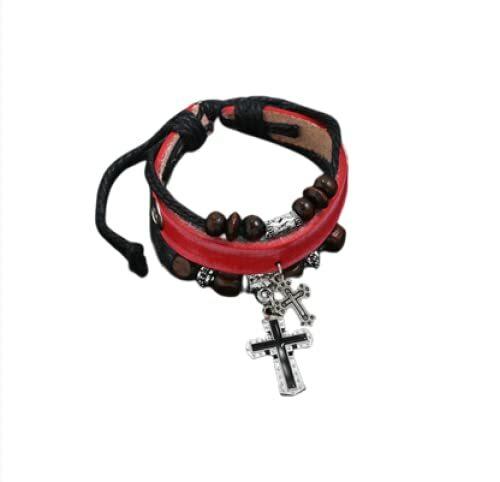 FRER Armband Männer, Mehrschichtiges Geflochtenes Lederarmband Verstellbares Design-Armband Kreuz-Anhänger Rotes Lederarmband Charm-Schmuck Für Frauen-Mann-Geschenk