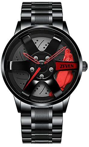 ZFVEN Herren Hohle stereoskopische Auto-Raduhr Mode Sportuhren wasserdichte Felgennabe Auto-Enthusiasten-Armbanduhr (Red)