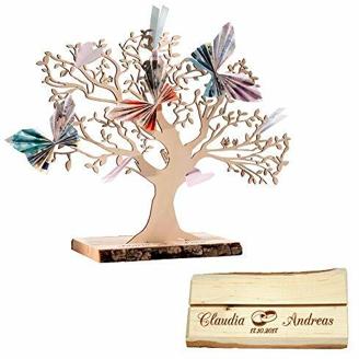 Casa Vivente Geldbaum aus Holz mit Gravur, Motiv Herzen, Personalisiert mit Namen und Datum, Dekoration, Hochzeitsgeschenke, Höhe 29 cm