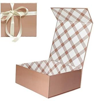 Tekhoho Roségold Geschenkbox 21.5x21.5x9 cm, Premium Geschenkbox mit Magnetdeckel und Schleife für Feiertage Hochzeit Geburtstag Geschenkverpackung, Kariertes Futter