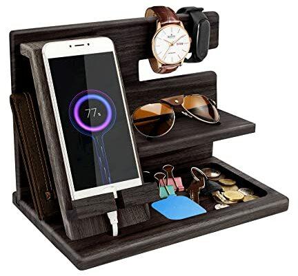 Geschenke für Männer Holz Nachttisch Organizer Papa Geschenk Ehemann Männer Geschenk Geburtstag Jahrestag Geschenk für Ihn Holz Telefon Dockingstation Geburtstagsgeschenk für Männer (Schwarz-Braun)