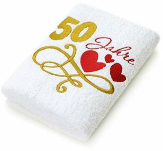Abc Casa Geschenk -Handtuch zum 50 Geburtstag mit aufgestickten Herzen und 50 Jahre für Frauen und Damen - 50 jähriges Jubiläum Geschenkidee - 50 Jahre Geburtstagsgeschenk