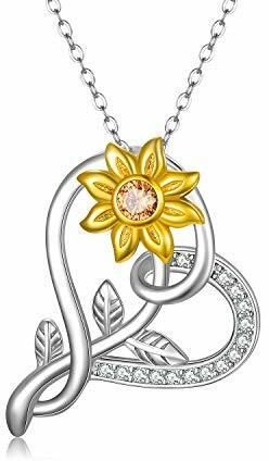 Sonnenblumen Kette für Demen, 925 Sterling Silber Herz Sonnenschein Anhänger Halskette Blumen Halskette Schmuck Geschenke für Frauen Mädchen