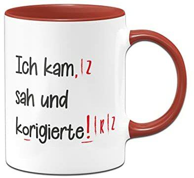 Tassenbrennerei Original - Lehrer Tasse mit Spruch Ich kam sah und korigierte - Kaffeetasse lustig als Geschenk für Lehrer & Lehrerin (Rot)
