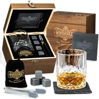 Whisiskey - Whisky Gläser Set - Whisky Zubehör Set - 4 Whiskey Steine & 1 Whisky Glas & 1 Untersetzer – Männergeschenke - Whiskygläser - Eiswürfel Wiederverwendbar - Geschenke für Männer