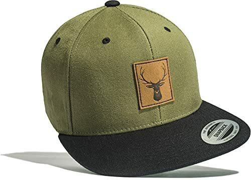 Cap Hirsch (Leder-Patch) Outdoor Cap Herren Flexfit Snapback - Basecap Herren & Damen - Kletter Ausrüstung Wander Zubehör (Green-Black)