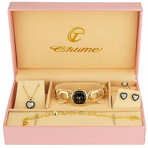 Geschenkset Damen Armbanduhr Schwarz - Schmuck Set- Halskette-Ring- Ohrringe - Armband