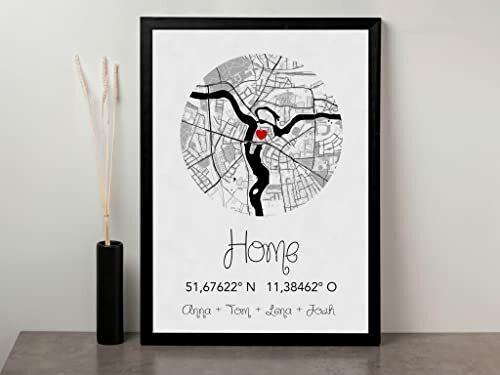 Zuhause Daheim Bild personalisierbar mit Landkarte und Koordinaten | schwarz weiss | optional mit Rahmen | Geschenk für Nachbar oder Einweihungsgeschenk zum Einzug Umzug (weiß)