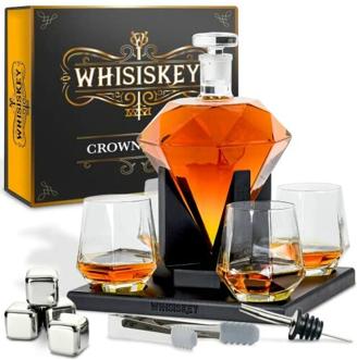 Whisiskey - Whisky Karaffe - Diamant - Dekanter - Whiskey Set - 900ML - Geschenke für Männer - Weihnachtsgeschenke - Inkl. 4 Whisky Steine, Ausgießer & 4 Whisky Gläser