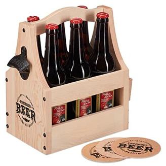 Relaxdays Bierträger aus Holz, mit Flaschenöffner & Bierdeckel, Flaschenträger 6 Flaschen, Männerhandtasche Bier, Natur